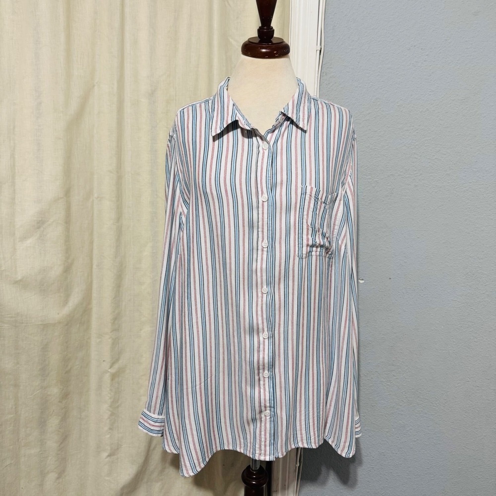 Terra & Sky Women Striped Button Down Shirt 2X Multi Long Sleeve Pocket Relaxed